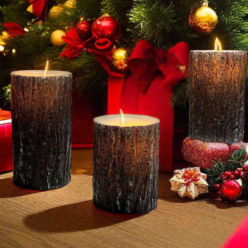 LED Flameless Candles with Pine Bark Finish, Battery Operated with Remote Control, Set of 3 (Sizes: 4", 5", 6")