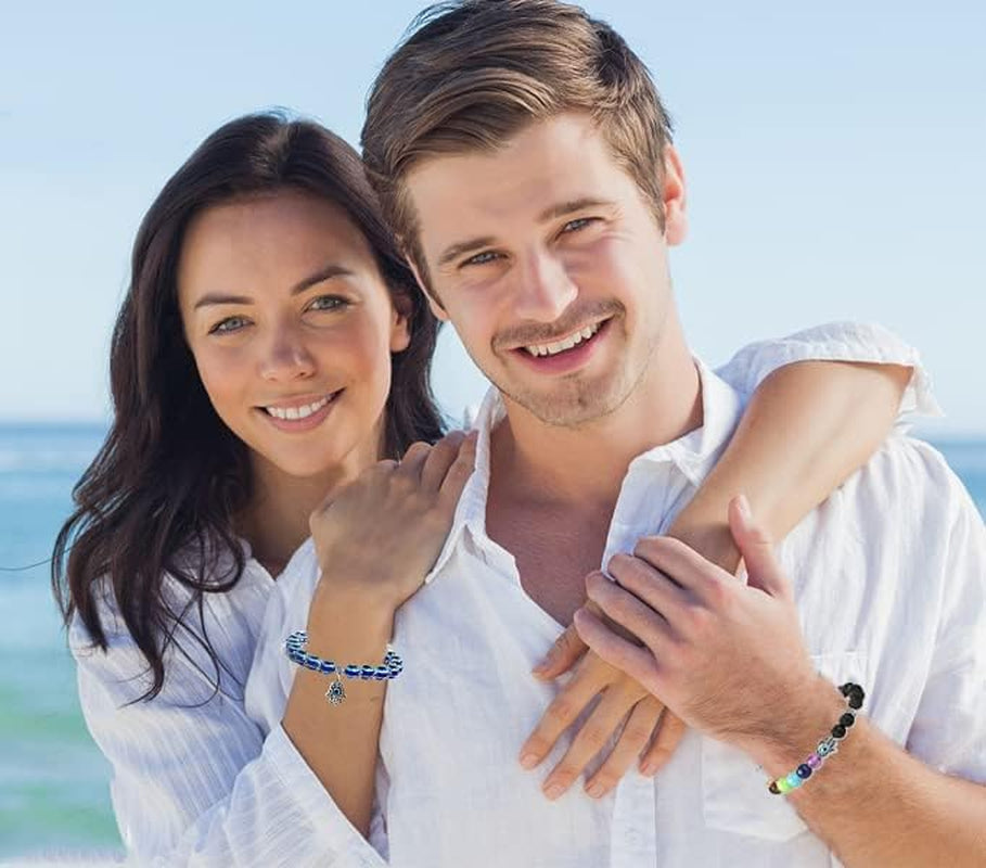 Set of 2 Evil Eye Hamsa Hand Fatima Beaded Charm Bracelets with Blue Eye Stretch Amulet for Protection