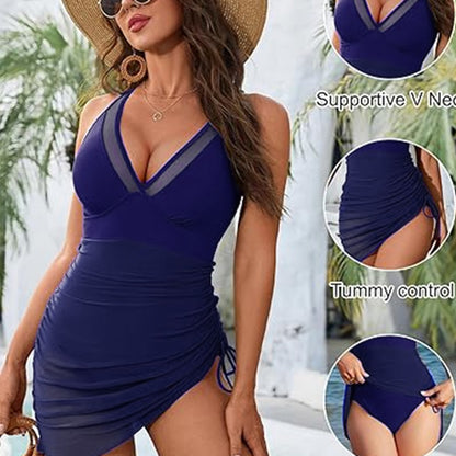 Women'S One-Piece Swim Dress, Tummy Control Swimsuit with Mesh Sheer Sarong Wrap