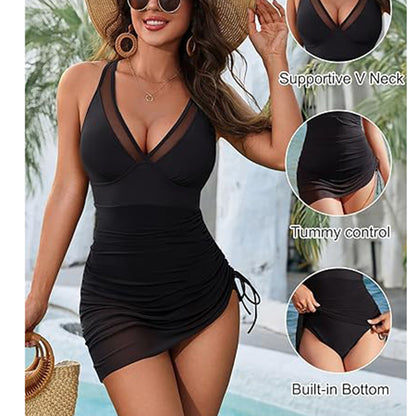 Women'S One-Piece Swim Dress, Tummy Control Swimsuit with Mesh Sheer Sarong Wrap
