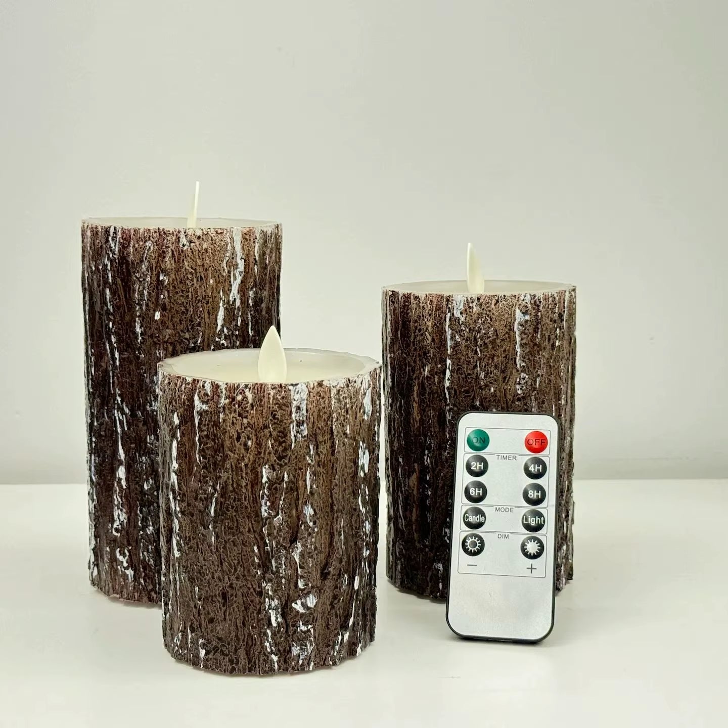 LED Flameless Candles with Pine Bark Finish, Battery Operated with Remote Control, Set of 3 (Sizes: 4", 5", 6")