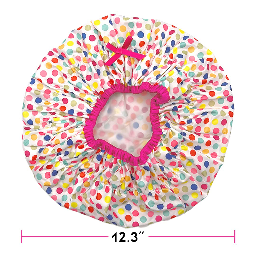 Reusable Shower Cap & Bath Cap & Lined, Oversized Waterproof Shower Caps Large Designed for All Hair Lengths with PEVA Lining & Elastic Band Stretch Hem Hair Hat - Fashionista Deco Dots