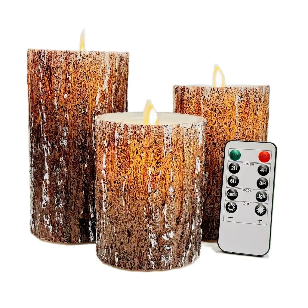 LED Flameless Candles with Pine Bark Finish, Battery Operated with Remote Control, Set of 3 (Sizes: 4", 5", 6")