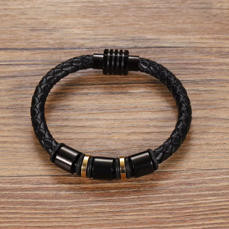 Mingao Custom Leather Beaded Single Layer Chakra Bracelet in Gold/Black – Men's and Women's Charm Bracelet