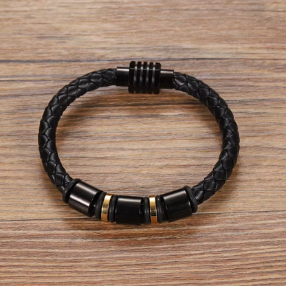 Mingao Custom Leather Beaded Single Layer Chakra Bracelet in Gold/Black – Men's and Women's Charm Bracelet