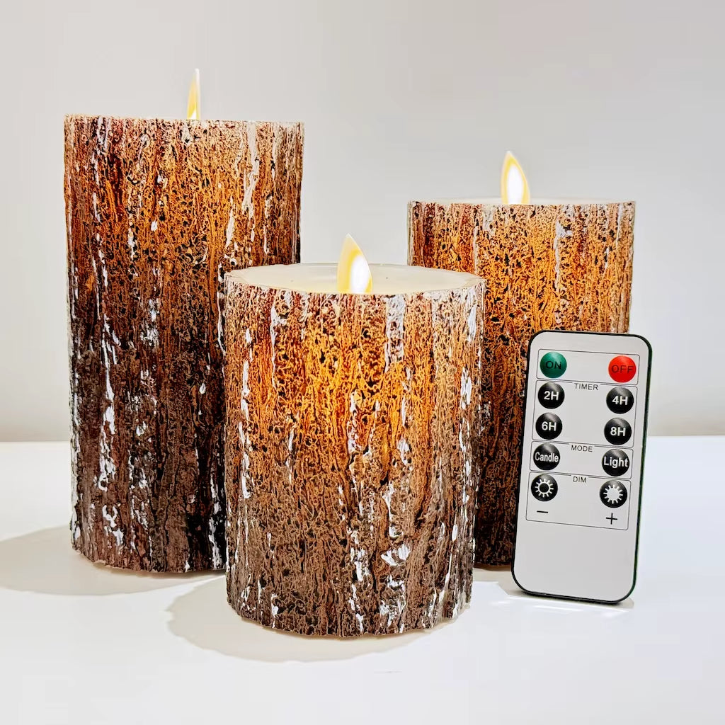 LED Flameless Candles with Pine Bark Finish, Battery Operated with Remote Control, Set of 3 (Sizes: 4", 5", 6")