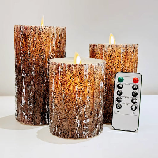 LED Flameless Candles with Pine Bark Finish, Battery Operated with Remote Control, Set of 3 (Sizes: 4", 5", 6")