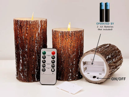 LED Flameless Candles with Pine Bark Finish, Battery Operated with Remote Control, Set of 3 (Sizes: 4", 5", 6")