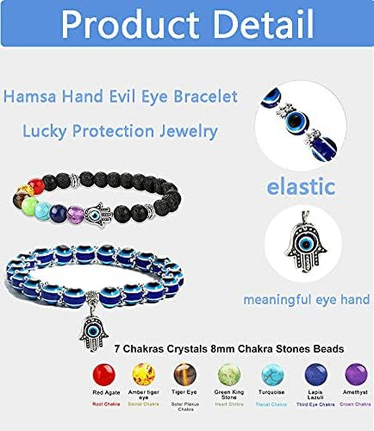Set of 2 Evil Eye Hamsa Hand Fatima Beaded Charm Bracelets with Blue Eye Stretch Amulet for Protection