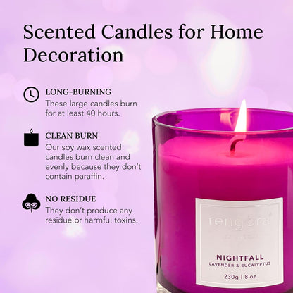 Lavender and Eucalyptus Scented Candles - 8oz Clean Burning Soy Wax in Magenta Purple Glass, Ideal for Home Aromatherapy and Thoughtful Gifts for Women