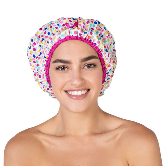 Reusable Shower Cap & Bath Cap & Lined, Oversized Waterproof Shower Caps Large Designed for All Hair Lengths with PEVA Lining & Elastic Band Stretch Hem Hair Hat - Fashionista Deco Dots