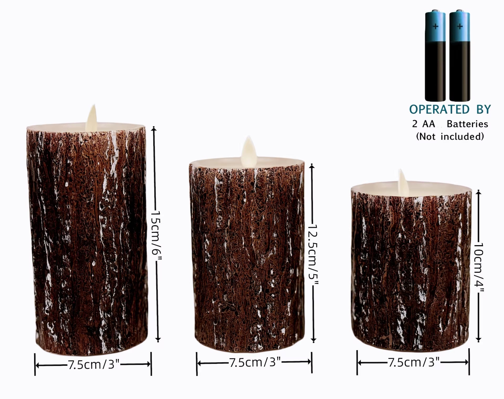 LED Flameless Candles with Pine Bark Finish, Battery Operated with Remote Control, Set of 3 (Sizes: 4", 5", 6")