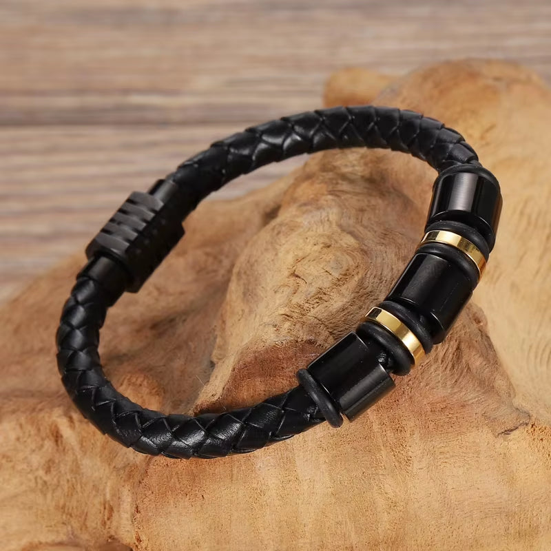 Mingao Custom Leather Beaded Single Layer Chakra Bracelet in Gold/Black – Men's and Women's Charm Bracelet