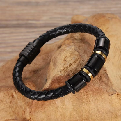 Mingao Custom Leather Beaded Single Layer Chakra Bracelet in Gold/Black – Men's and Women's Charm Bracelet