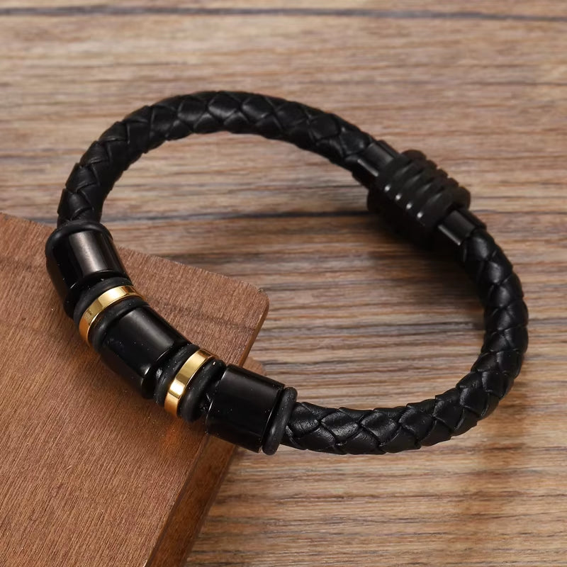 Mingao Custom Leather Beaded Single Layer Chakra Bracelet in Gold/Black – Men's and Women's Charm Bracelet