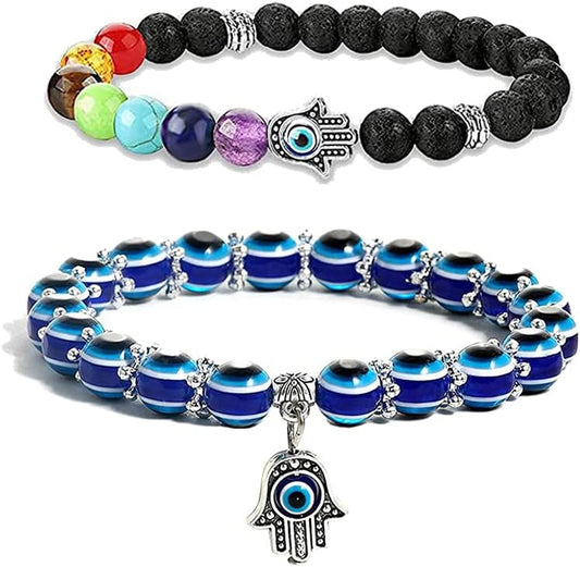 Set of 2 Evil Eye Hamsa Hand Fatima Beaded Charm Bracelets with Blue Eye Stretch Amulet for Protection