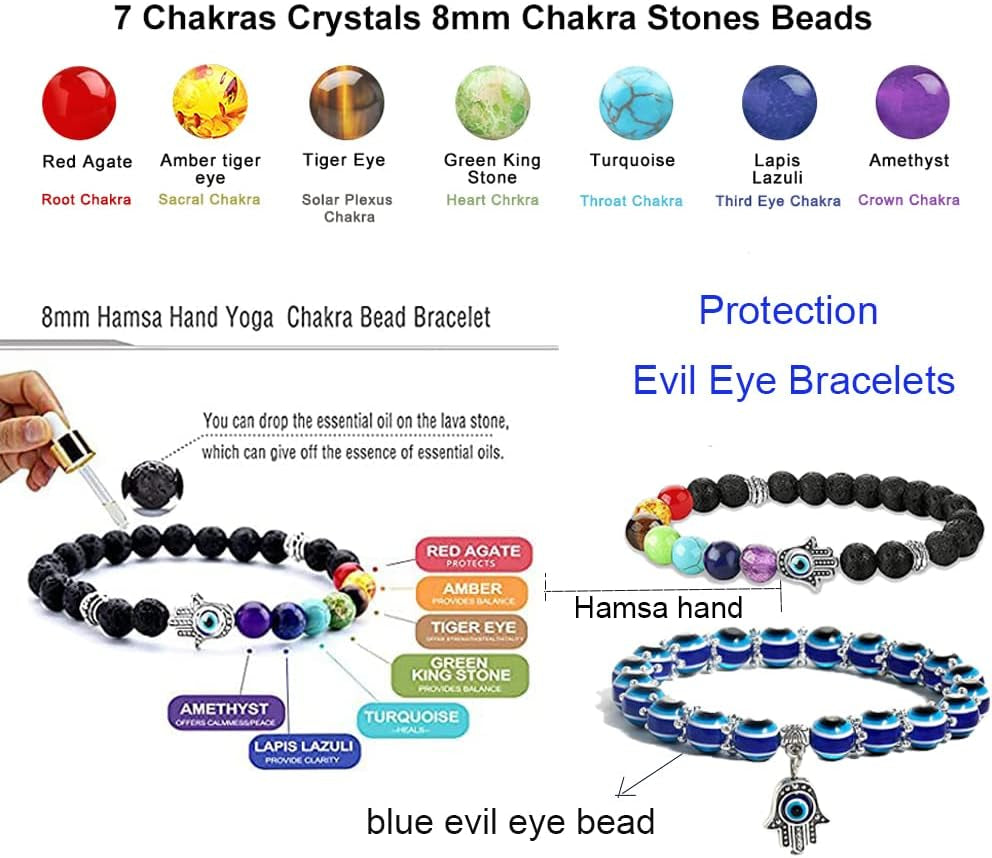 Set of 2 Evil Eye Hamsa Hand Fatima Beaded Charm Bracelets with Blue Eye Stretch Amulet for Protection