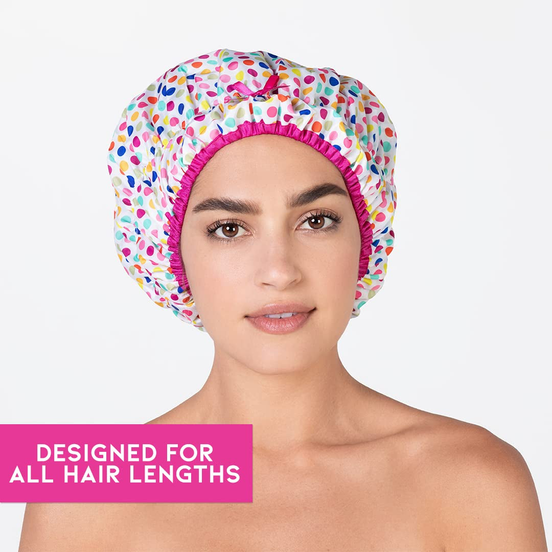 Reusable Shower Cap & Bath Cap & Lined, Oversized Waterproof Shower Caps Large Designed for All Hair Lengths with PEVA Lining & Elastic Band Stretch Hem Hair Hat - Fashionista Deco Dots