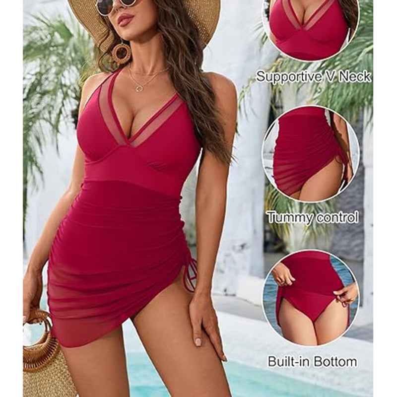 Women'S One-Piece Swim Dress, Tummy Control Swimsuit with Mesh Sheer Sarong Wrap